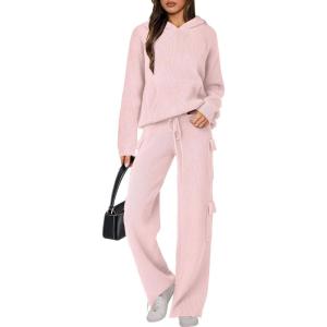 ANRABESS Women’s Two Piece Outfits Casual Knit Hooded Sweater Straight Leg Pants Set 2025 Fall Lounge Travel Clothes(Light Pink)