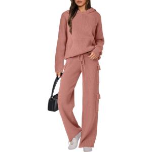 ANRABESS Women’s Two Piece Outfits Casual Knit Hooded Sweater Straight Leg Pants Set 2025 Fall Lounge Travel Clothes(Rust)