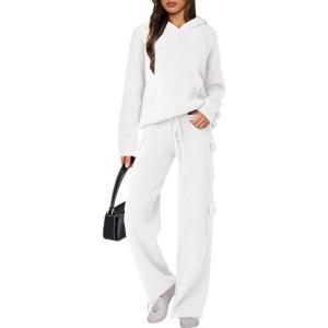 ANRABESS Women’s Two Piece Outfits Casual Knit Hooded Sweater Straight Leg Pants Set 2025 Fall Lounge Travel Clothes(White)