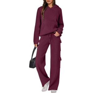 ANRABESS Women’s Two Piece Outfits Casual Knit Hooded Sweater Straight Leg Pants Set 2025 Fall Lounge Travel Clothes(Wine Red)