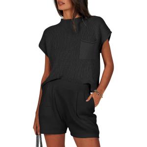 ANRABESS Women’s Two Piece Summer Outfits Knit Sweater Short Sets Pullover Tops & Shorts Lounge Matching Clothes Set(Black)