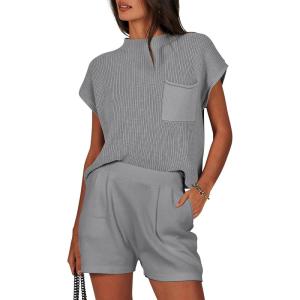 ANRABESS Women’s Two Piece Summer Outfits Knit Sweater Short Sets Pullover Tops & Shorts Lounge Matching Clothes Set(Dark Grey)