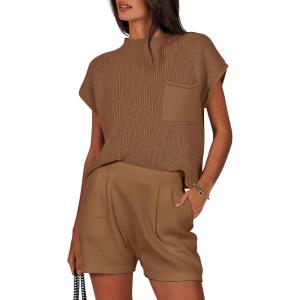ANRABESS Women’s Two Piece Summer Outfits Knit Sweater Short Sets Pullover Tops & Shorts Lounge Matching Clothes Set(Deep Brown)