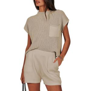 ANRABESS Women’s Two Piece Summer Outfits Knit Sweater Short Sets Pullover Tops & Shorts Lounge Matching Clothes Set(Khaki)