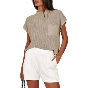 ANRABESS Women’s Two Piece Summer Outfits Knit Sweater Short Sets Pullover Tops & Shorts Lounge Matching Clothes Set(Khaki White)