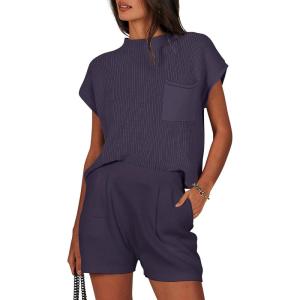 ANRABESS Women’s Two Piece Summer Outfits Knit Sweater Short Sets Pullover Tops & Shorts Lounge Matching Clothes Set(Purple)