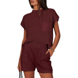 ANRABESS Women’s Two Piece Summer Outfits Knit Sweater Short Sets Pullover Tops & Shorts Lounge Matching Clothes Set(Red)