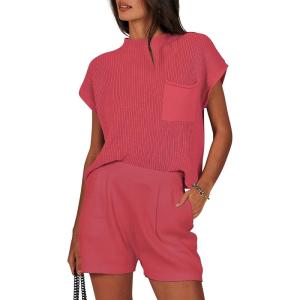 ANRABESS Women’s Two Piece Summer Outfits Knit Sweater Short Sets Pullover Tops & Shorts Lounge Matching Clothes Set(Rose)
