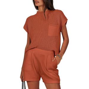 ANRABESS Women’s Two Piece Summer Outfits Knit Sweater Short Sets Pullover Tops & Shorts Lounge Matching Clothes Set(Rust)