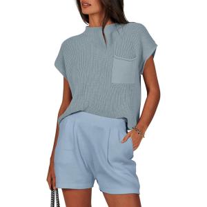 ANRABESS Women’s Two Piece Summer Outfits Knit Sweater Short Sets Pullover Tops & Shorts Lounge Matching Clothes Set(Sky)