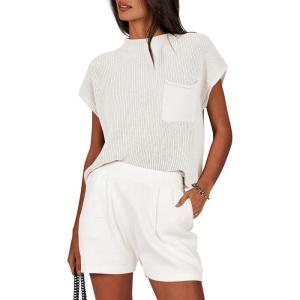 ANRABESS Women’s Two Piece Summer Outfits Knit Sweater Short Sets Pullover Tops & Shorts Lounge Matching Clothes Set(White)