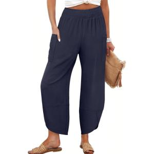 ANRABESS Womens Wide Leg Palazzo Capri Pants 2025 Summer Casual Loose High Waisted Lounge Flowy Cropped Beach Work Trousers(Dark Blue)