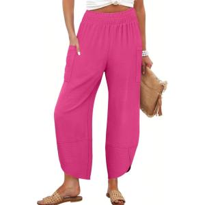ANRABESS Womens Wide Leg Palazzo Capri Pants 2025 Summer Casual Loose High Waisted Lounge Flowy Cropped Beach Work Trousers(Hot Pink)