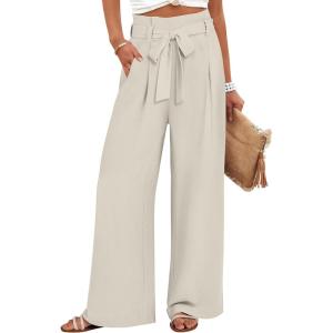 ANRABESS Womens Wide Leg Palazzo Pants Belted High Waisted Business Casual Flowy Long Trousers with Pockets(Beige)