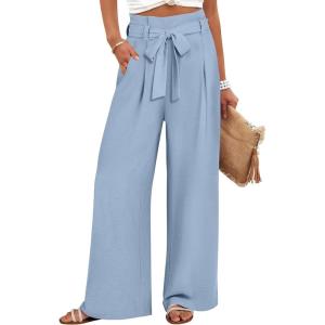 ANRABESS Womens Wide Leg Palazzo Pants Belted High Waisted Business Casual Flowy Long Trousers with Pockets(Blue)