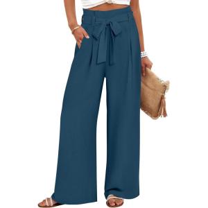 ANRABESS Womens Wide Leg Palazzo Pants Belted High Waisted Business Casual Flowy Long Trousers with Pockets(Deep Bule)