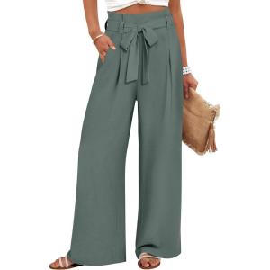 ANRABESS Womens Wide Leg Palazzo Pants Belted High Waisted Business Casual Flowy Long Trousers with Pockets(Grey Green)