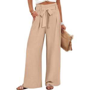 ANRABESS Womens Wide Leg Palazzo Pants Belted High Waisted Business Casual Flowy Long Trousers with Pockets(Khaki)