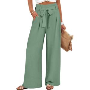 ANRABESS Womens Wide Leg Palazzo Pants Belted High Waisted Business Casual Flowy Long Trousers with Pockets(Light Green)