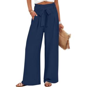 ANRABESS Womens Wide Leg Palazzo Pants Belted High Waisted Business Casual Flowy Long Trousers with Pockets(Navy Blue)
