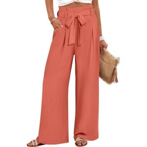 ANRABESS Womens Wide Leg Palazzo Pants Belted High Waisted Business Casual Flowy Long Trousers with Pockets(Orange Red)