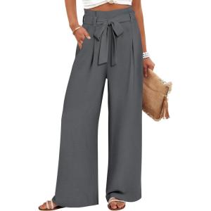 ANRABESS Womens Wide Leg Palazzo Pants Belted High Waisted Business Casual Flowy Long Trousers with Pockets(Smoky Grey)