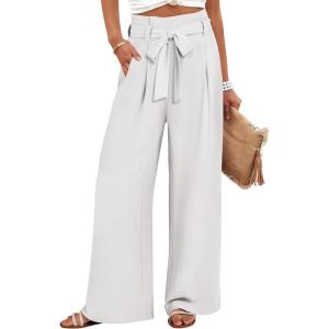 ANRABESS Womens Wide Leg Palazzo Pants Belted High Waisted Business Casual Flowy Long Trousers with Pockets(White)