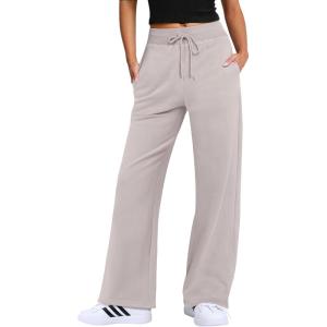 ANRABESS Women’s Wide Leg Pants High Waist Drawstring Sweatpants Joggers with Pockets(Heather White)