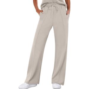 ANRABESS Women’s Wide Leg Sweatpants High Waist Baggy Flared Pants Drawstring Athletic Joggers Sweat Pants(Light Khaki)