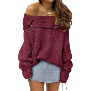 ANRABESS Womens Wool Blend Off The Shoulder Long Sleeve Soft Knit Sweaters 2025 Fall Outfits(Berry Red)