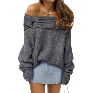 ANRABESS Womens Wool Blend Off The Shoulder Long Sleeve Soft Knit Sweaters 2025 Fall Outfits(Deep Grey)