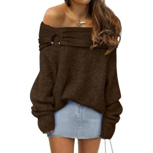 ANRABESS Womens Wool Blend Off The Shoulder Long Sleeve Soft Knit Sweaters 2025 Fall Outfits(Mocha)