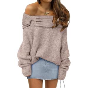 ANRABESS Womens Wool Blend Off The Shoulder Long Sleeve Soft Knit Sweaters 2025 Fall Outfits(Warm Khaki)