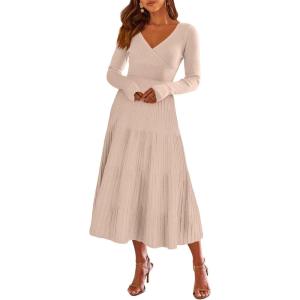 ANRABESS Womens Wrap Midi Sweater Dresses Long Sleeve V Neck Ribbed Knit Bodycon High Waist Pleated A-Line Dress 2025 Trendy(Almond)