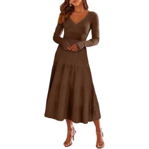 ANRABESS Womens Wrap Midi Sweater Dresses Long Sleeve V Neck Ribbed Knit Bodycon High Waist Pleated A-Line Dress 2025 Trendy(Brown)