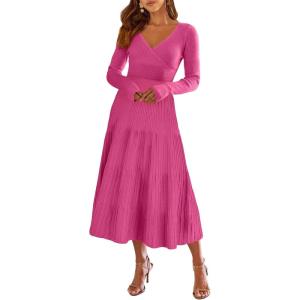 ANRABESS Womens Wrap Midi Sweater Dresses Long Sleeve V Neck Ribbed Knit Bodycon High Waist Pleated A-Line Dress 2025 Trendy(Hot Pink)