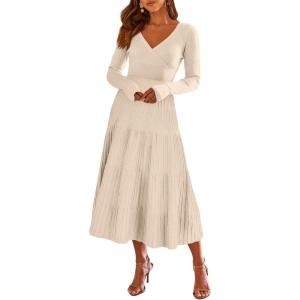ANRABESS Womens Wrap Midi Sweater Dresses Long Sleeve V Neck Ribbed Knit Bodycon High Waist Pleated A-Line Dress 2025 Trendy(Khaki)