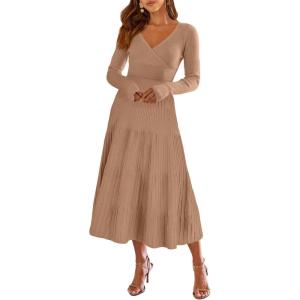 ANRABESS Womens Wrap Midi Sweater Dresses Long Sleeve V Neck Ribbed Knit Bodycon High Waist Pleated A-Line Dress 2025 Trendy(Light Camel)