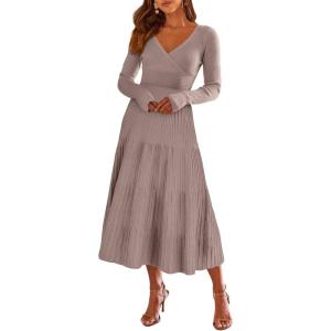 ANRABESS Womens Wrap Midi Sweater Dresses Long Sleeve V Neck Ribbed Knit Bodycon High Waist Pleated A-Line Dress 2025 Trendy(Pink Almond)