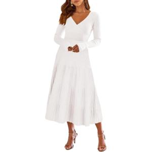 ANRABESS Womens Wrap Midi Sweater Dresses Long Sleeve V Neck Ribbed Knit Bodycon High Waist Pleated A-Line Dress 2025 Trendy(White)