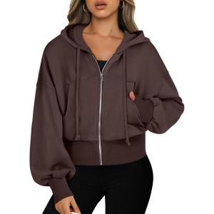 ANRABESS Womens Zip Up Hoodies Cropped Sweatshirts Casual Comfy Cute Zip Jackets Fashion Trendy Fall Outfits 2025 Y2K Clothes(Coffee)