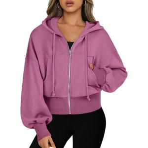 ANRABESS Womens Zip Up Hoodies Cropped Sweatshirts Casual Comfy Cute Zip Jackets Fashion Trendy Fall Outfits 2025 Y2K Clothes(Hot Pink)