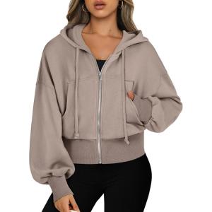 ANRABESS Womens Zip Up Hoodies Cropped Sweatshirts Casual Comfy Cute Zip Jackets Fashion Trendy Fall Outfits 2025 Y2K Clothes(Khaki)