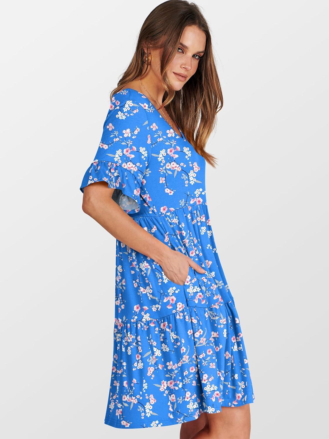 imageANRABESS Dresses for Women Summer 2025 V Neck Ruffle Sleeve A Line Tiered Flowy Casual Trendy Mini Beach Dress with PocketsBlue Pink Floral
