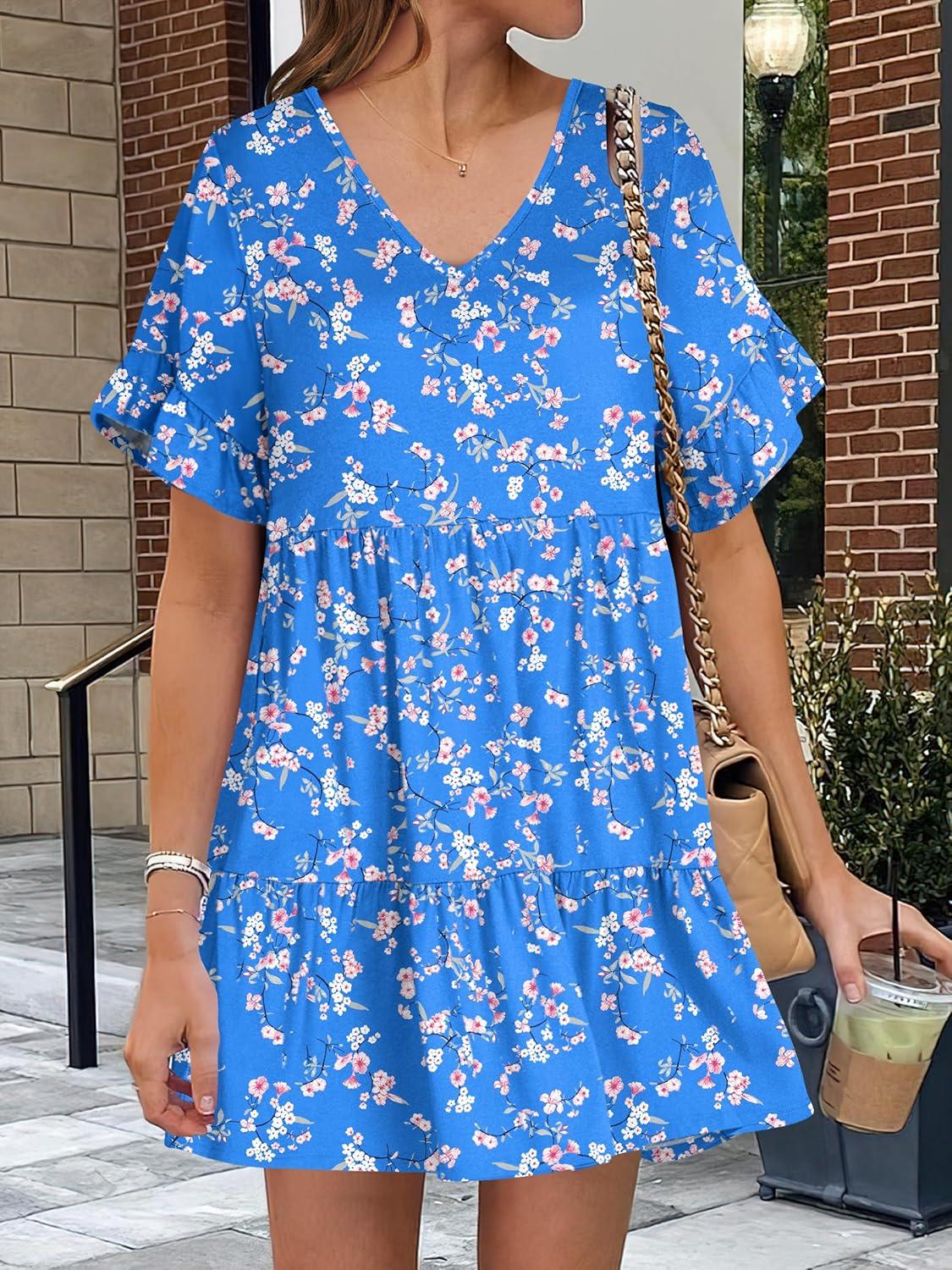 imageANRABESS Dresses for Women Summer 2025 V Neck Ruffle Sleeve A Line Tiered Flowy Casual Trendy Mini Beach Dress with PocketsBlue Pink Floral