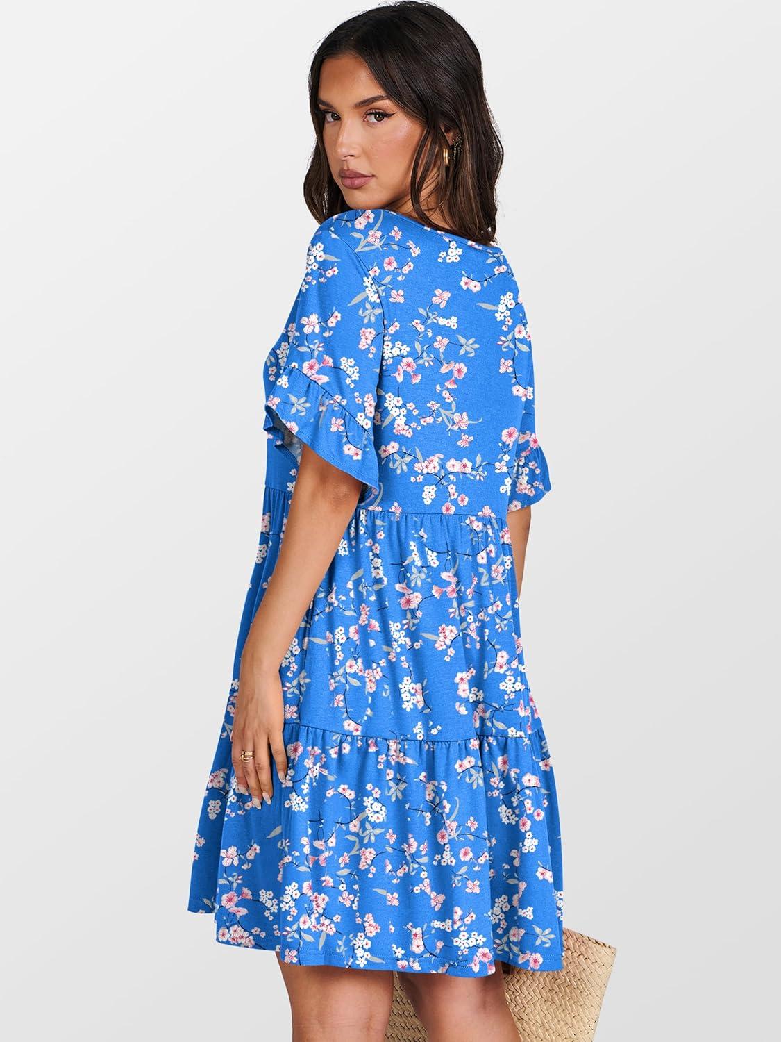 imageANRABESS Dresses for Women Summer 2025 V Neck Ruffle Sleeve A Line Tiered Flowy Casual Trendy Mini Beach Dress with PocketsBlue Pink Floral