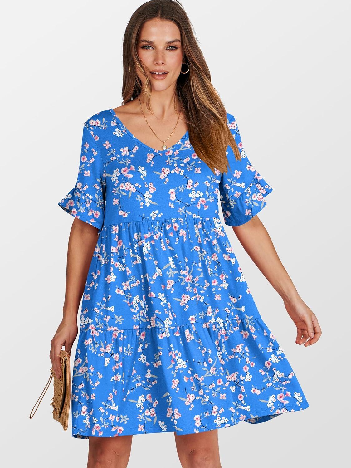 imageANRABESS Dresses for Women Summer 2025 V Neck Ruffle Sleeve A Line Tiered Flowy Casual Trendy Mini Beach Dress with PocketsBlue Pink Floral