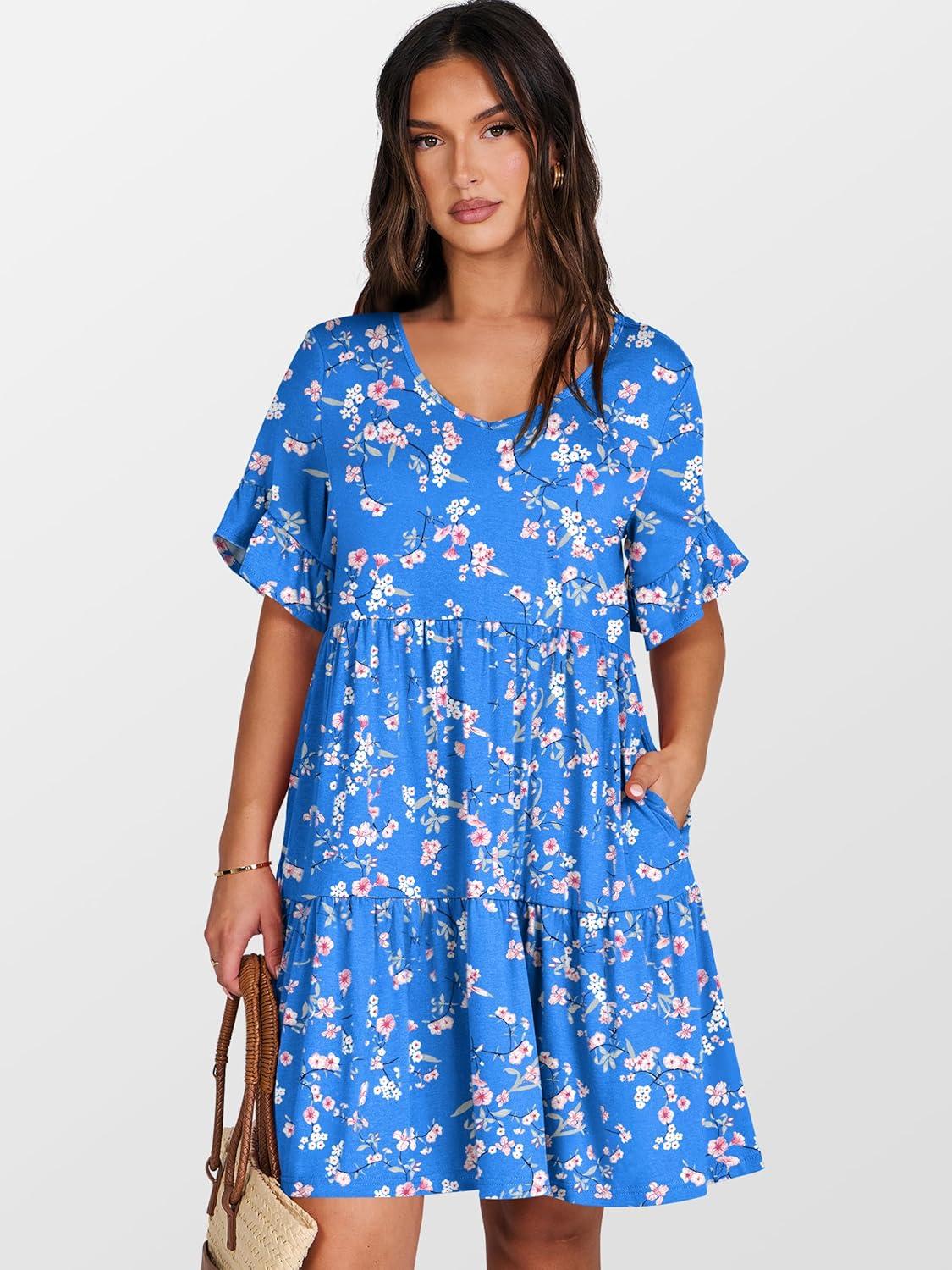 imageANRABESS Dresses for Women Summer 2025 V Neck Ruffle Sleeve A Line Tiered Flowy Casual Trendy Mini Beach Dress with PocketsBlue Pink Floral