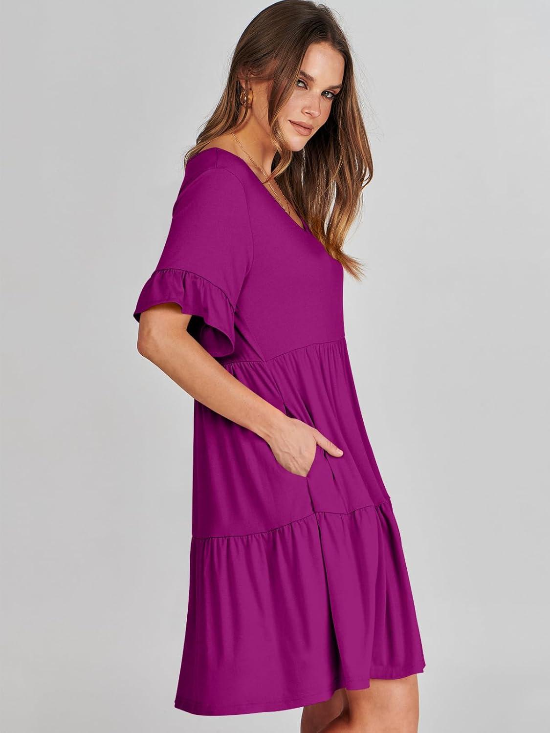 imageANRABESS Dresses for Women Summer 2025 V Neck Ruffle Sleeve A Line Tiered Flowy Casual Trendy Mini Beach Dress with PocketsFuchsia