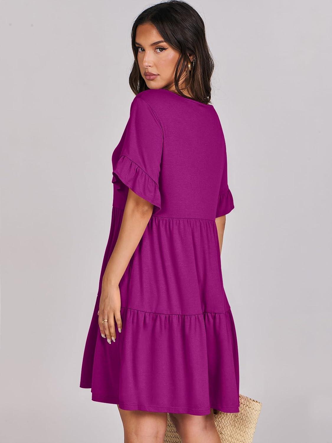 imageANRABESS Dresses for Women Summer 2025 V Neck Ruffle Sleeve A Line Tiered Flowy Casual Trendy Mini Beach Dress with PocketsFuchsia